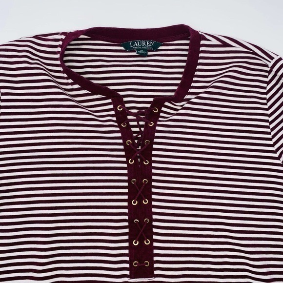 Lauren Ralph Lauren Blouse Size XL Purple Striped Shoelace Tie Front Womens - Picture 3 of 7